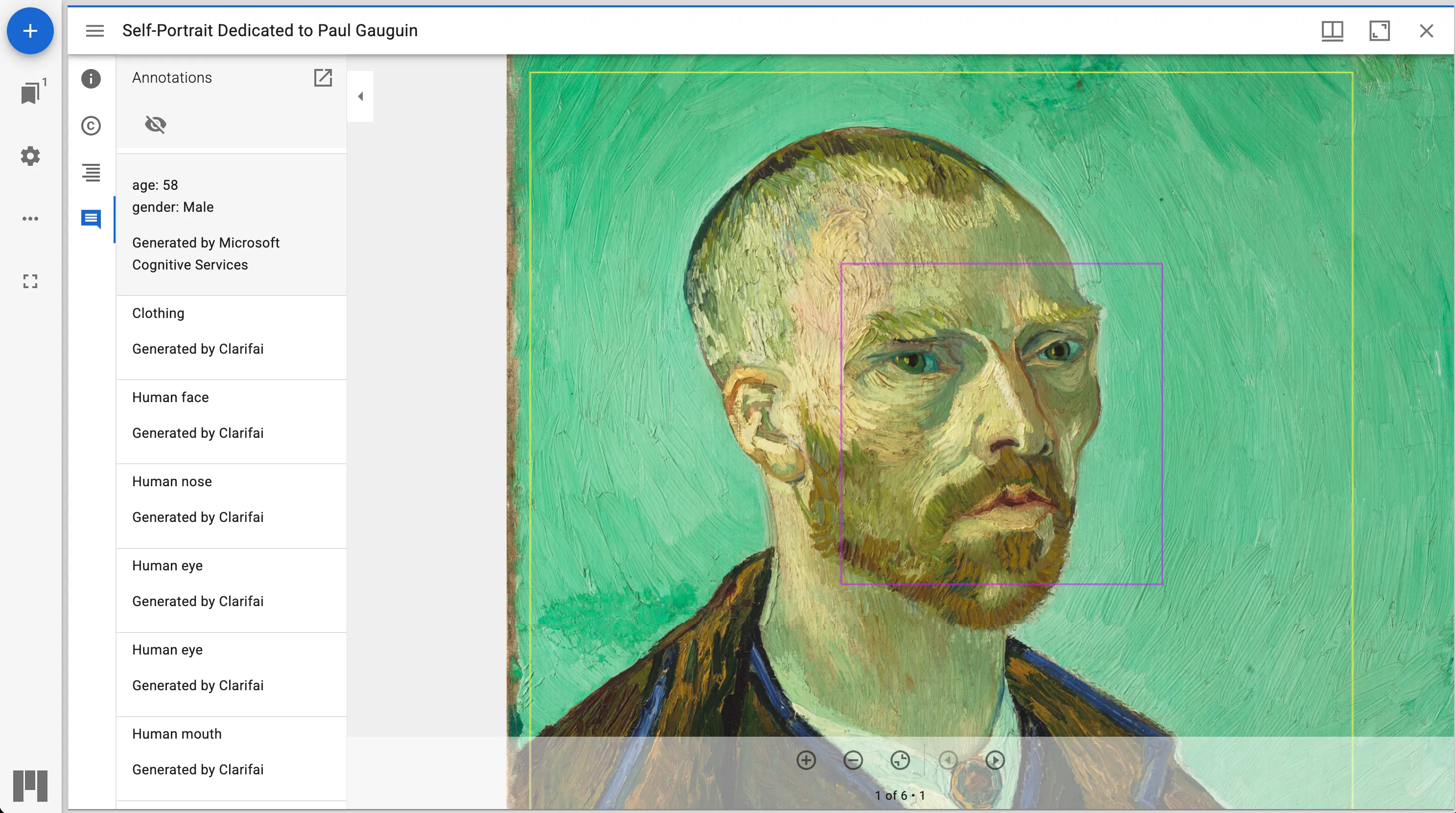 A IIIF viewer showing Van Gogh's Self-Portrait Dedicated to Paul Gauguin with AI-generated annotations overlaid, labelling the face and clothing.