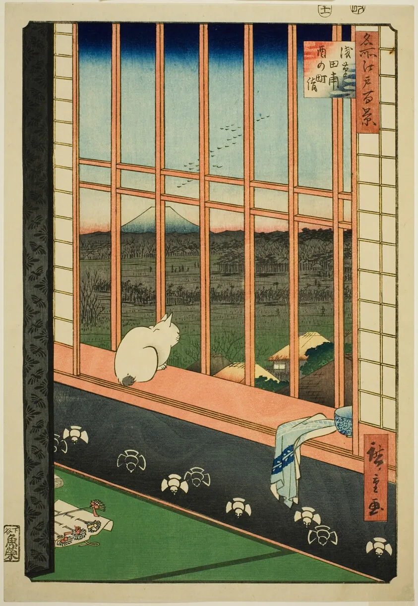 Asakusa Rice Fields and Torinomachi Festival, a color woodblock print by Utagawa Hiroshige, 1857: a cat looking out a window over paddy fields toward Mount Fuji.