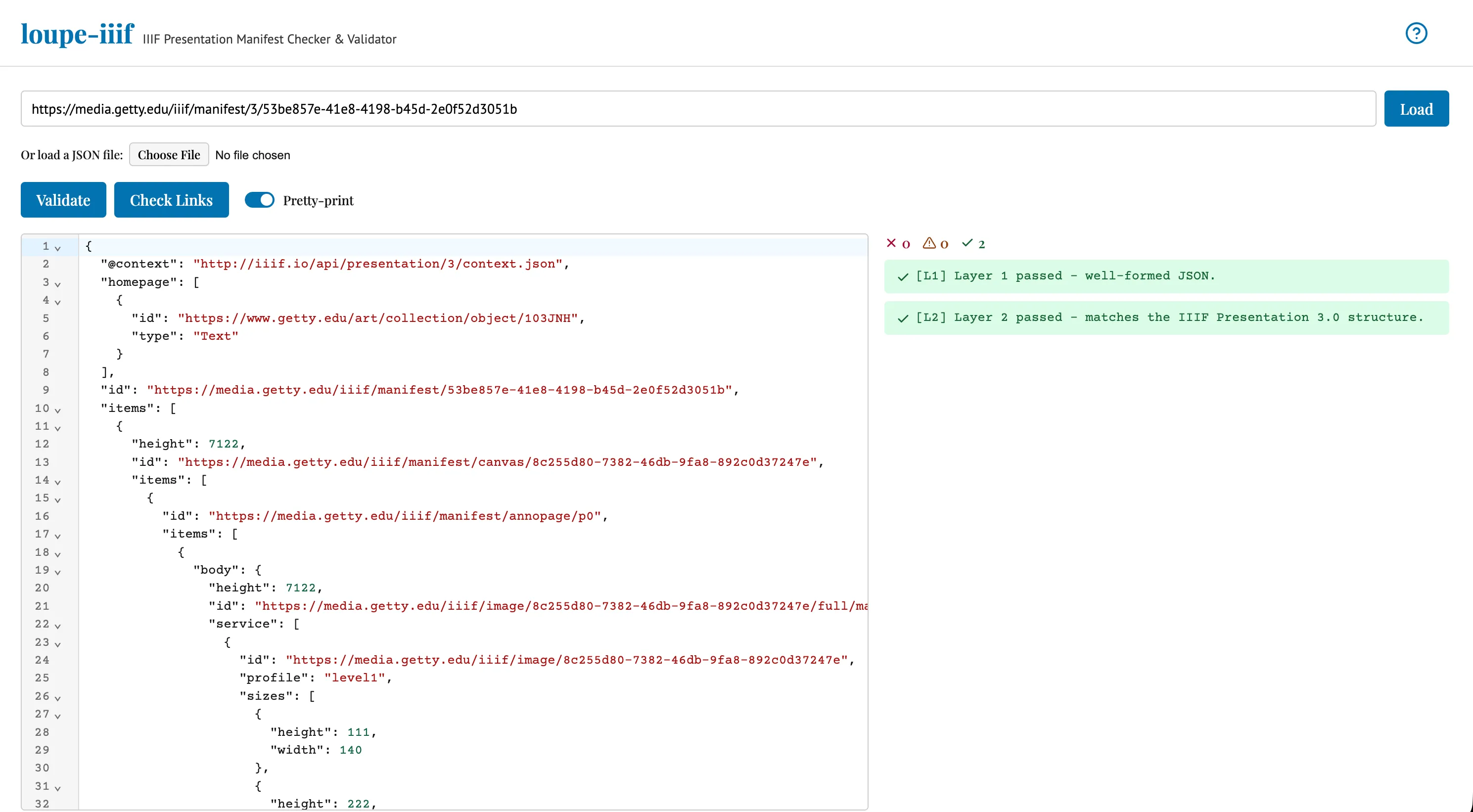 The loupe-iiif workbench: a manifest URL loaded into a code editor on the left, with the validation report on the right showing Layer 1 passed, well-formed JSON, and Layer 2 passed, matches the IIIF Presentation 3.0 structure.